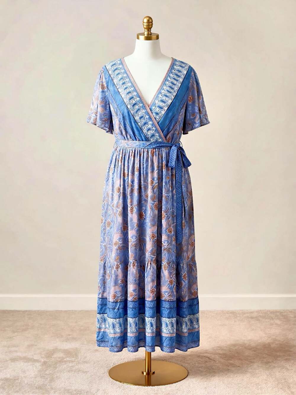 BloomChic plus size 1X - 14-16 Blue BOHO Mock Wrap Dress with Pockets